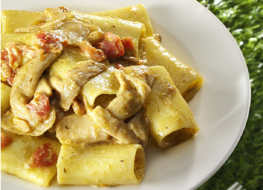 Paccheri with Porcini, Pesto and diced Tomatoes