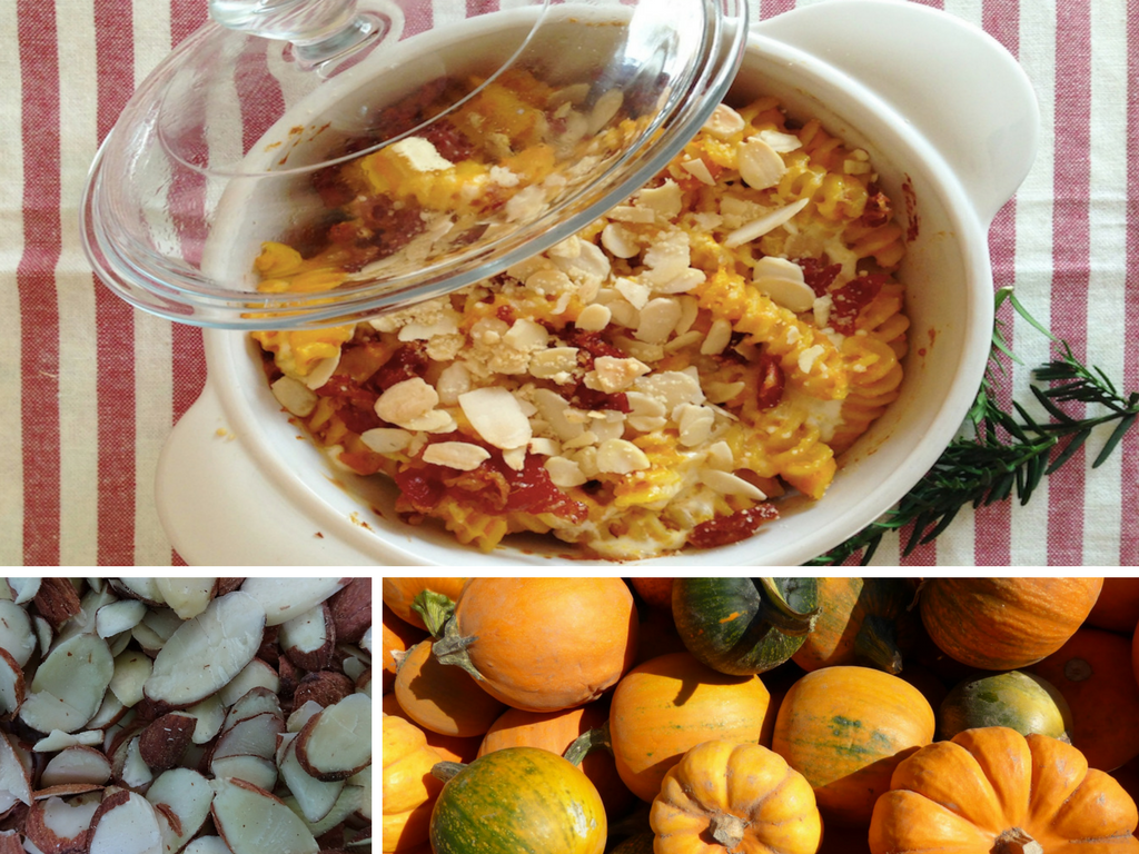 Oven-baked Fusilli with Pumpikin, Bacon and Almonds